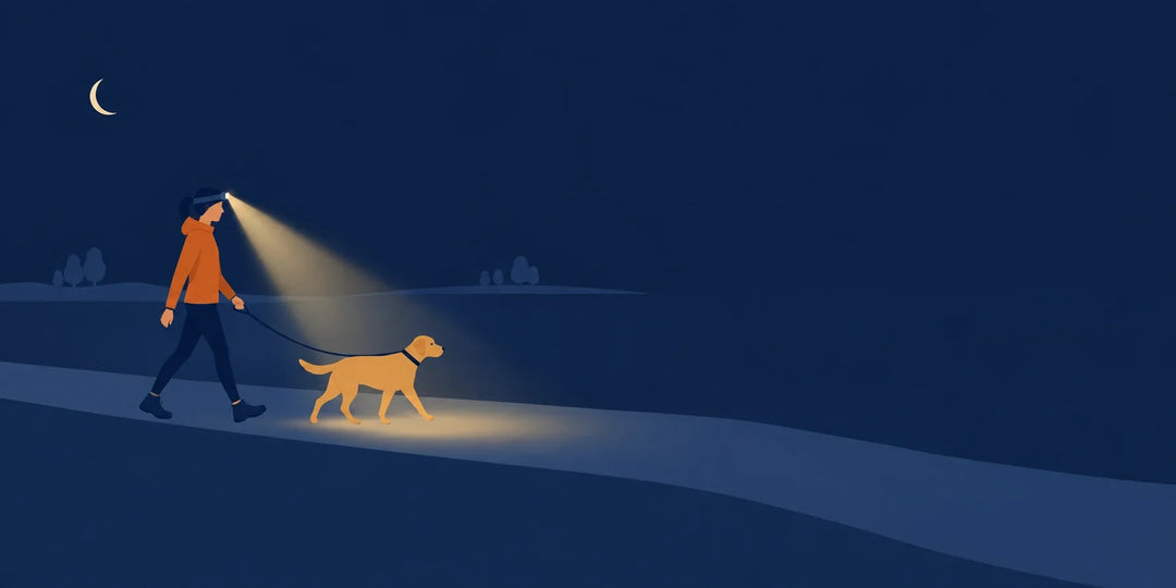 Illustration: Hundehalterin mit Stirnlampe geht nachts mit ihrem Hund an der Leine einen Feldweg entlang