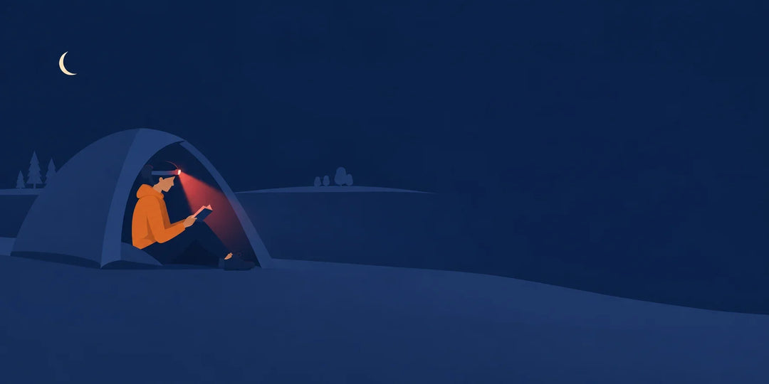 Illustration: Person sitzt nachts im Zelteingang und liest im Rotlicht ihrer Stirnlampe