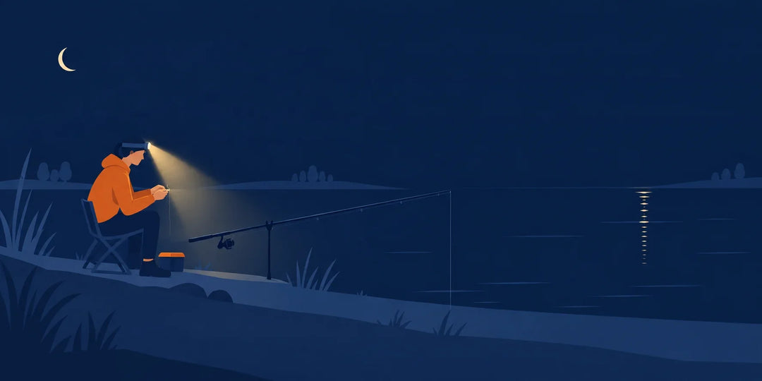 Illustration: Angler bindet nachts am See im Licht seiner Stirnlampe einen Haken