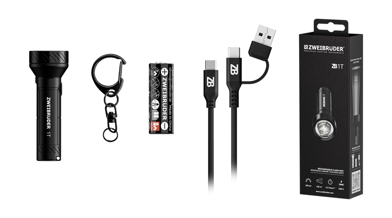 ZB1T LED Taschenlampe mit Zubehör inklusive USB-C Kabel und Karabiner in Verpackung