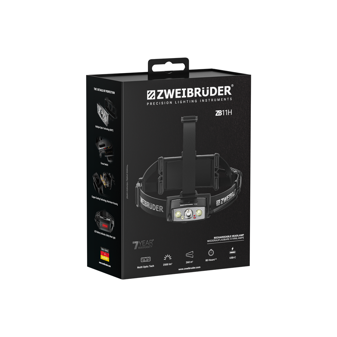 Zweibrüder ZB11H LED Stirnlampe Verpackung in hochwertiger Box