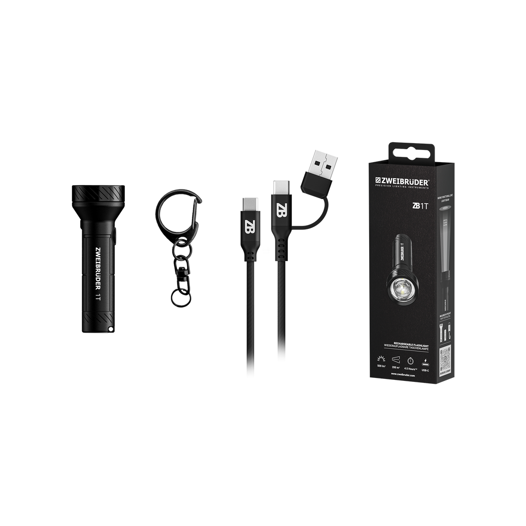 Zweibrüder ZB1T LED Taschenlampe mit Zubehör inklusive USB-C Kabel & Akku