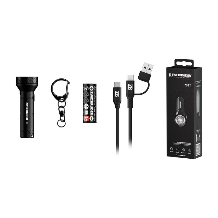 Zweibrüder ZB1T LED Taschenlampe mit Zubehör inklusive USB-C Kabel & Akku