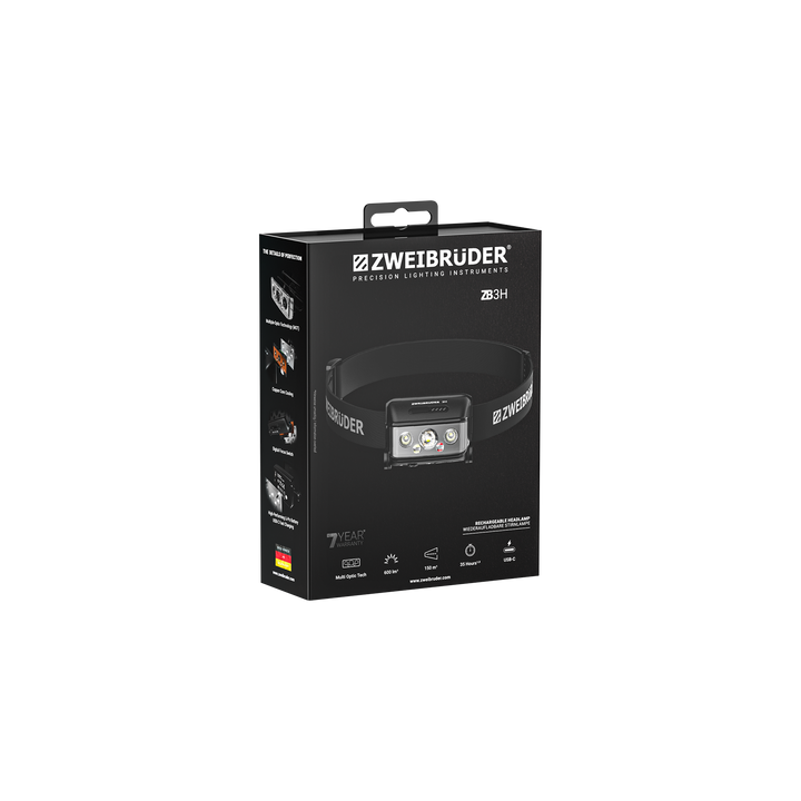 Zweibrüder ZB3H LED Stirnlampe Verpackung in hochwertiger Box