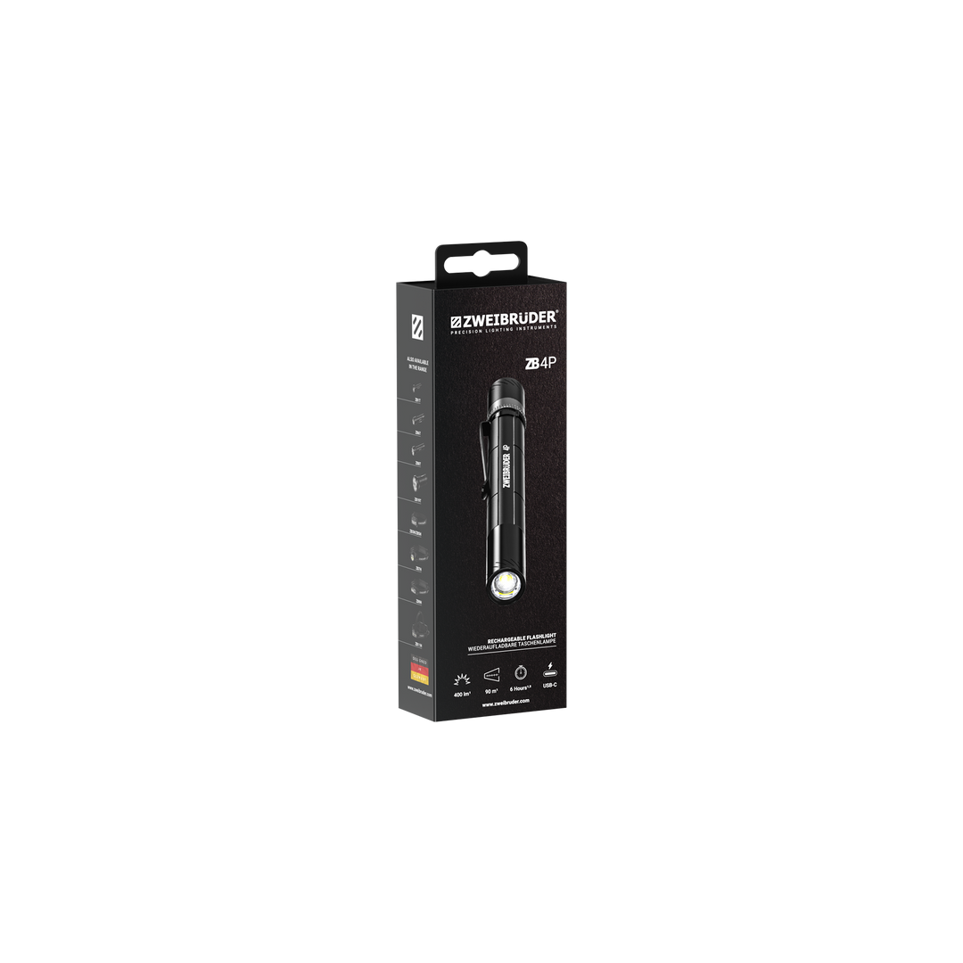 Zweibrüder ZB4P LED Taschenlampe Verpackung in hochwertiger Box