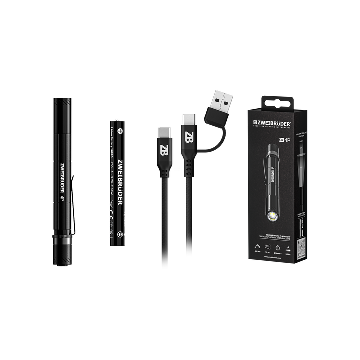 Zweibrüder ZB4P LED Taschenlampe mit Zubehör inklusive USB-C Kabel & Akku