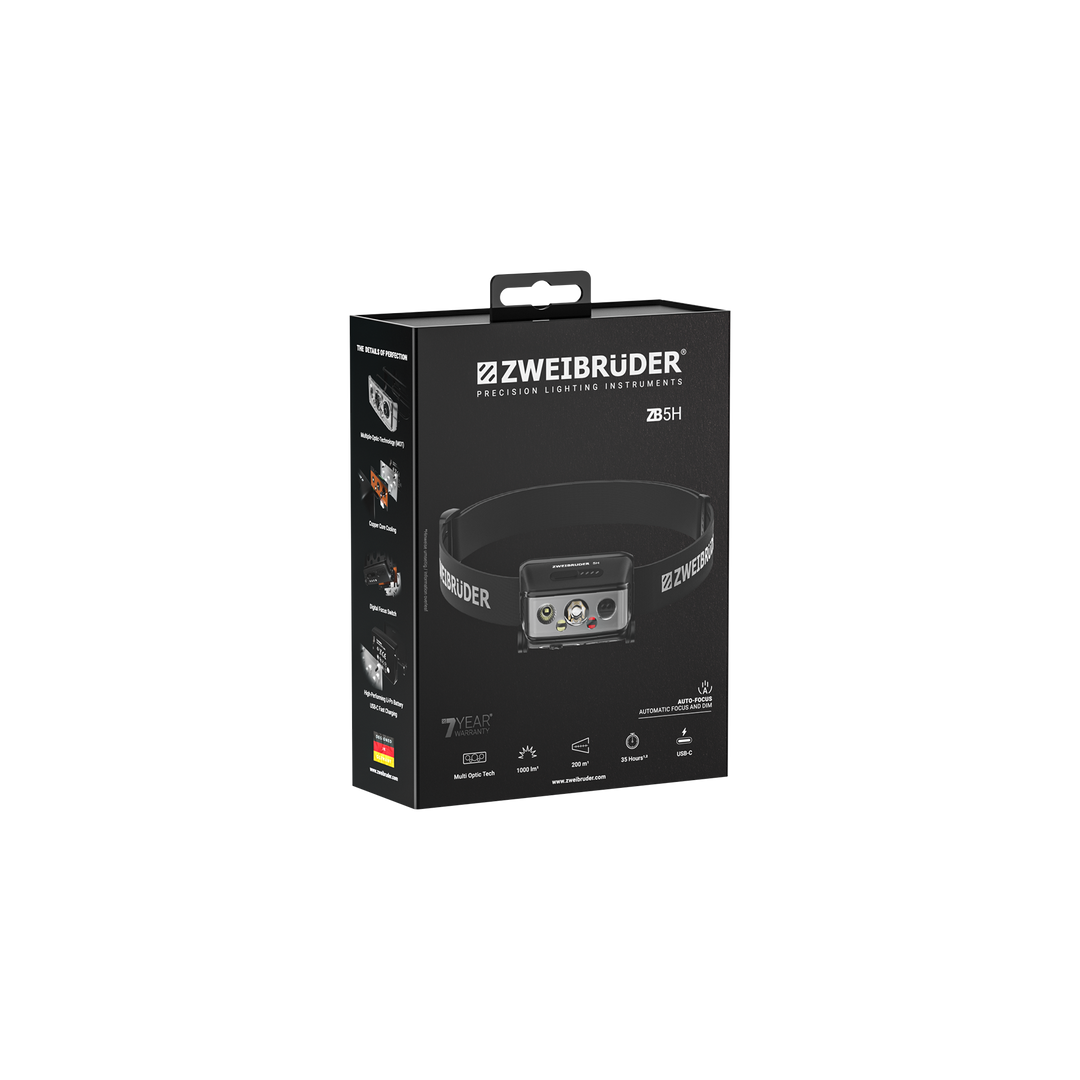 Zweibrüder ZB5H LED Stirnlampe Verpackung in hochwertiger Box