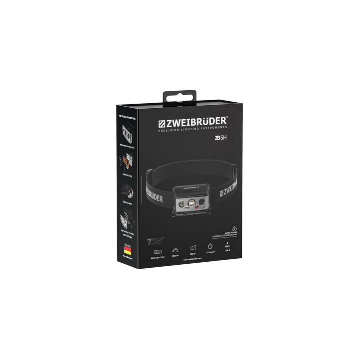 Zweibrüder ZB5H LED Stirnlampe Verpackung in hochwertiger Box