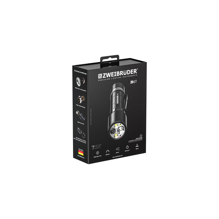 Zweibrüder ZB6T LED Taschenlampe Verpackung in hochwertiger Box