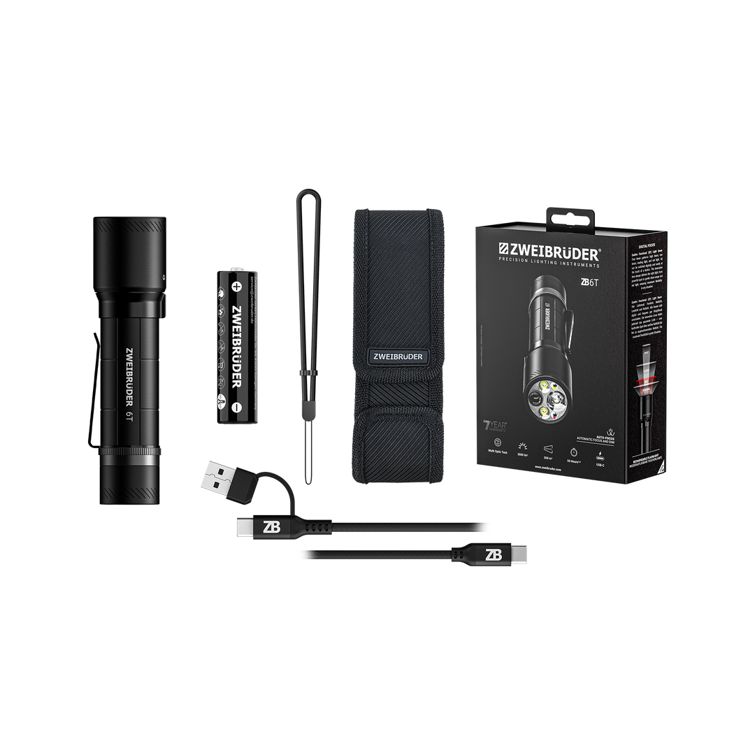 Zweibrüder ZB6T LED Taschenlampe mit Zubehör inklusive USB-C Kabel & Akku