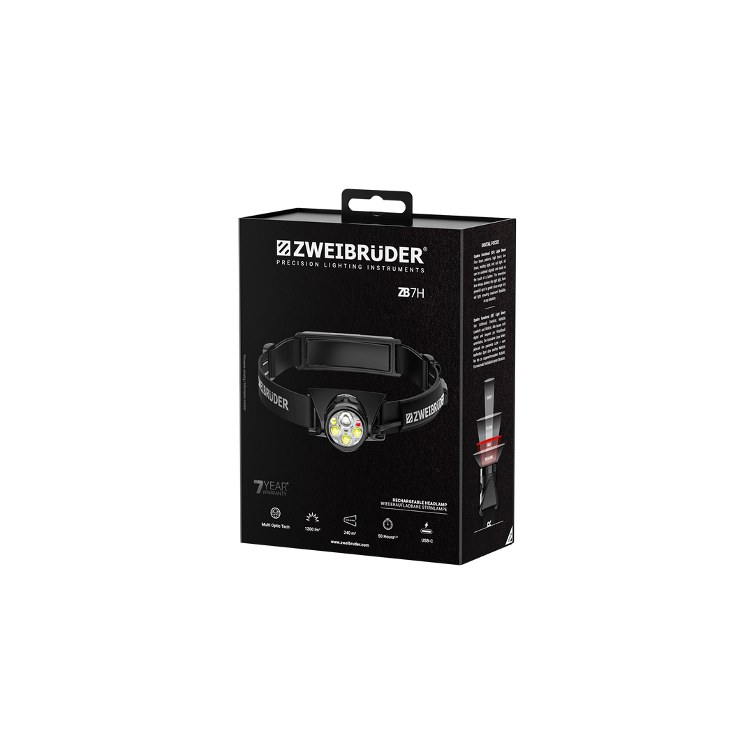 Zweibrüder ZB7H LED Stirnlampe Verpackung in hochwertiger Box