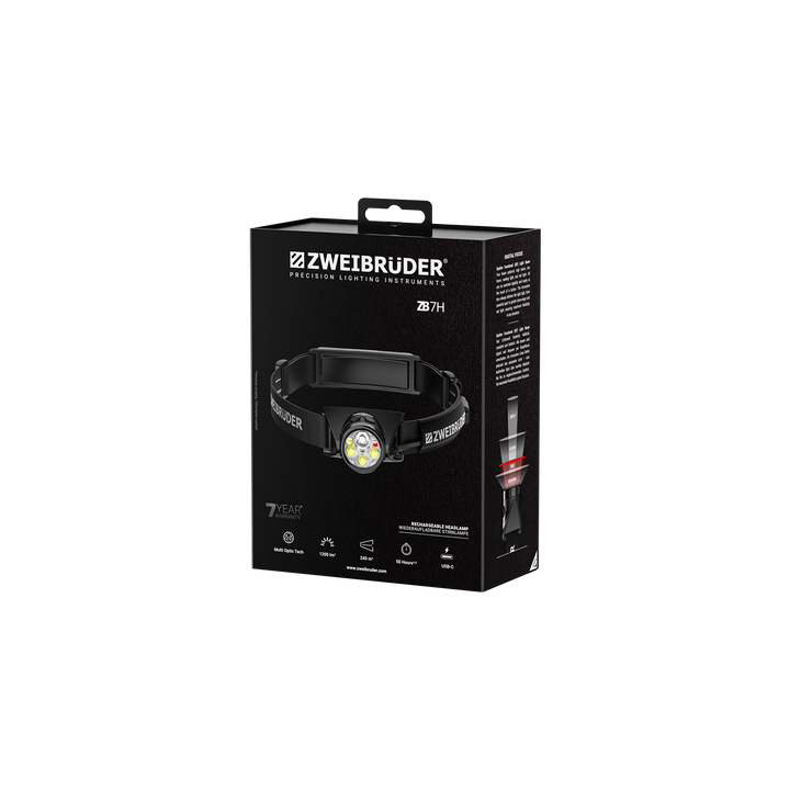 Zweibrüder ZB7H LED Stirnlampe Verpackung in hochwertiger Box