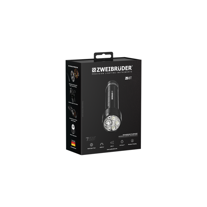 Zweibrüder ZB8T LED Taschenlampe Verpackung in hochwertiger Box