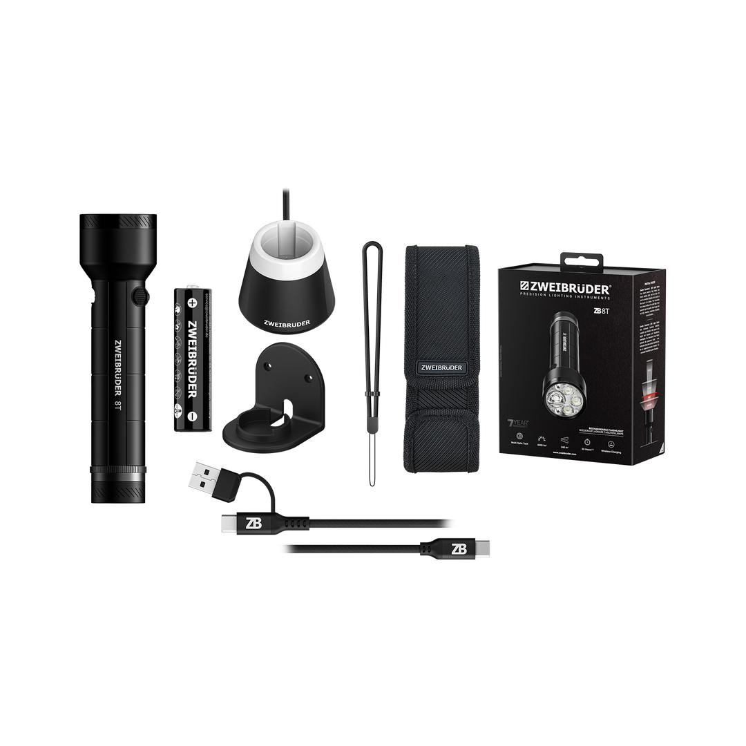 Zweibrüder ZB8T LED Taschenlampe mit Zubehör inklusive USB-C Kabel & Akku