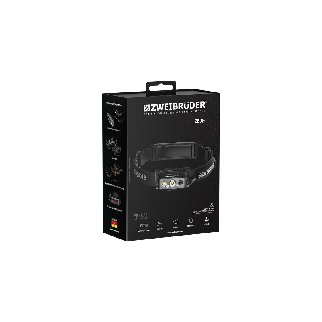 Zweibrüder ZB9H LED Stirnlampe Verpackung in hochwertiger Box
