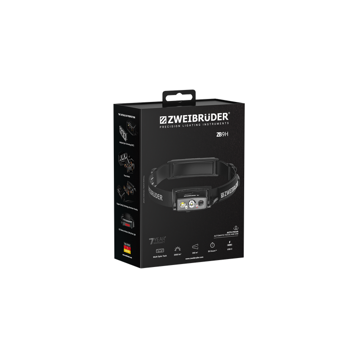 Zweibrüder ZB9H LED Stirnlampe Verpackung in hochwertiger Box